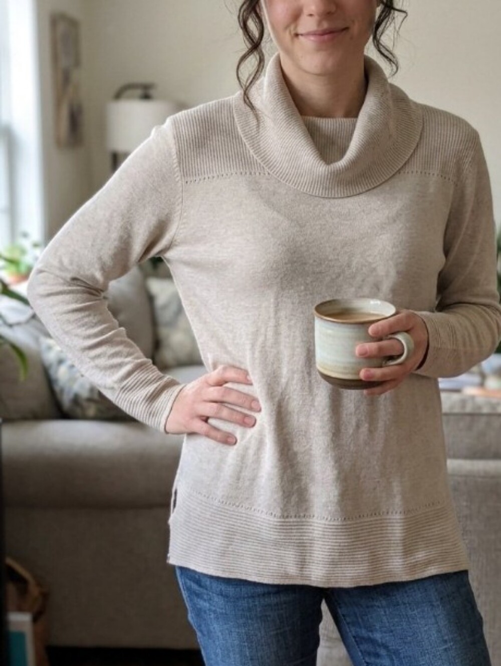 Tribal Oatmeal Beige Cowl Neck Sweater - Lightweight Knit Neutral Size Medium